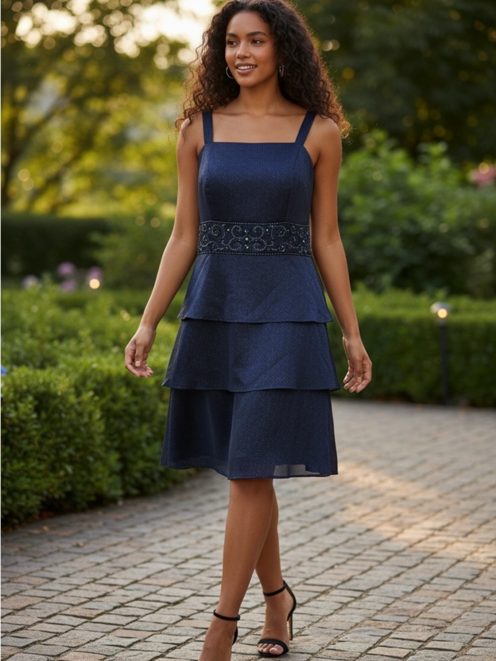 R&M Richards Navy Sleeveless Tiered Midi Dress with Beaded Waist